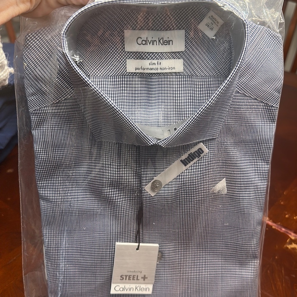 NWT Calvin Klein blue/white slim-fit no-iron Steel+Dress Shirt Sz 15 34/35